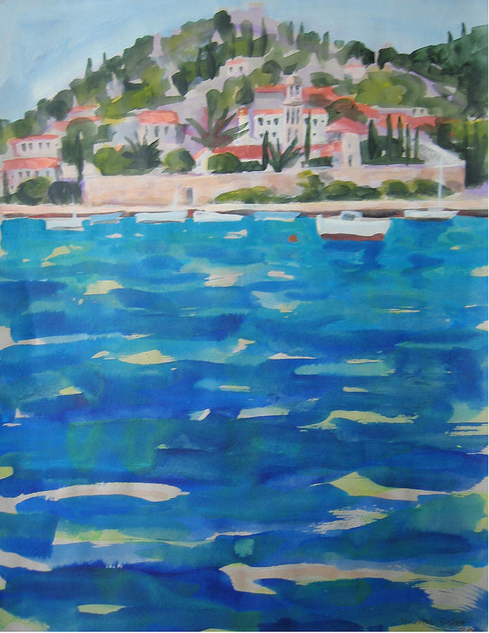 Boat Painting - b Hvar town Croatia from the sea by Michael Bishop