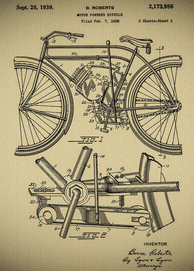 B Roberts Motor Power Bicycle 1939 Patent Photograph by Bill Cannon