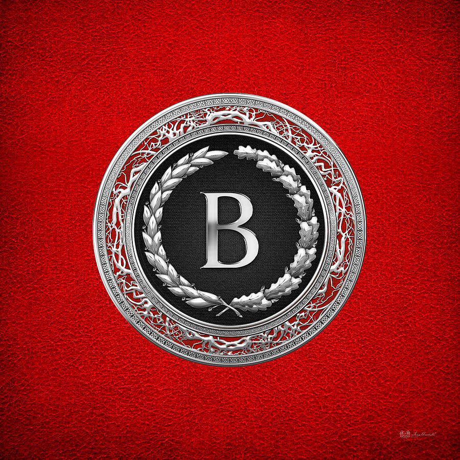 B - Silver Vintage Monogram on Red Leather Digital Art by Serge Averbukh