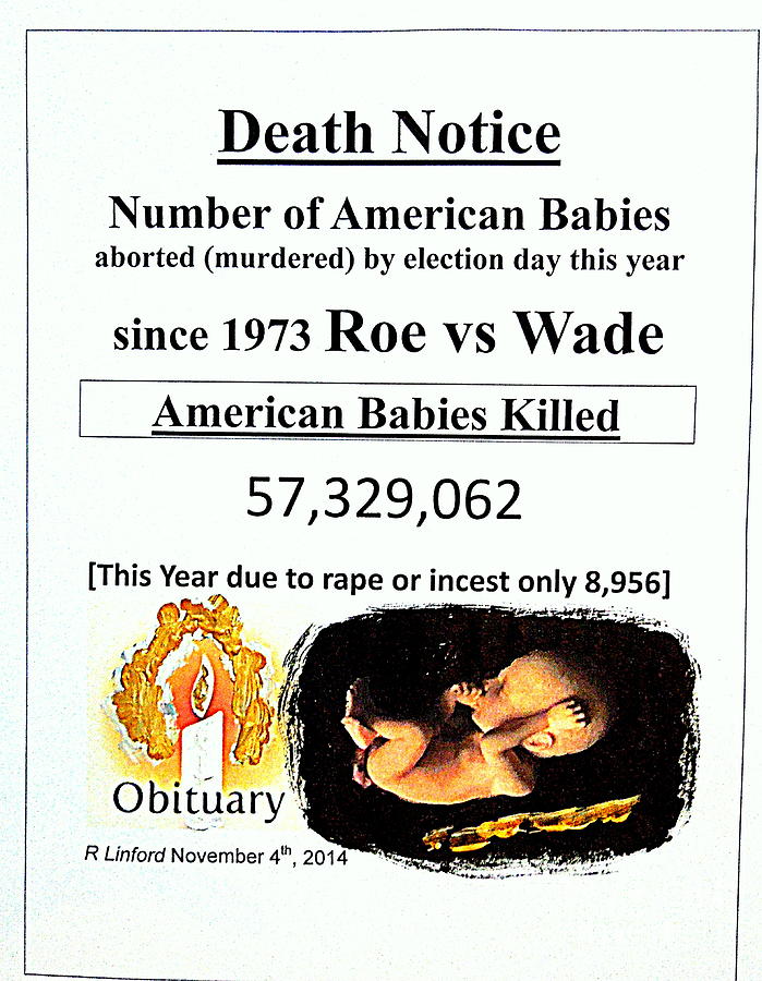 Babies Aborted Murdered Since Roe vs Wade 1 Death Notice Obituary Painting by Richard W Linford