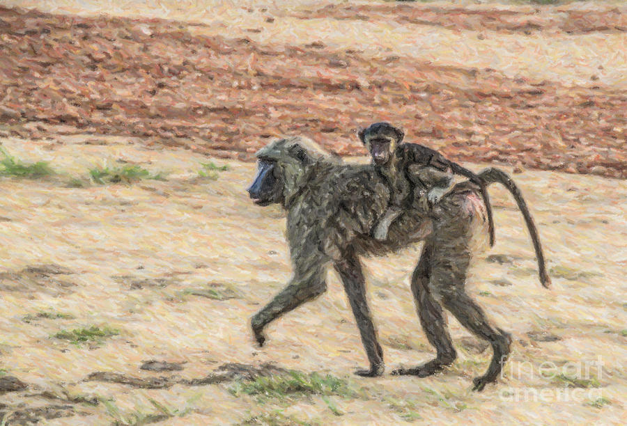 Baboon Mother and Baby Digital Art by Liz Leyden