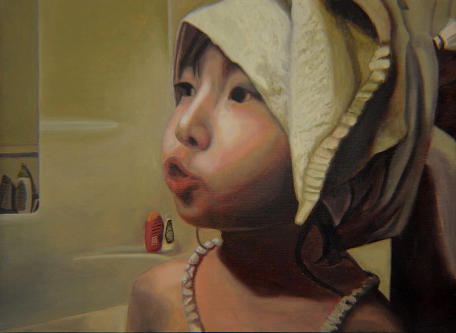 Portrait Painting - Baby bath mama by Thu Nguyen
