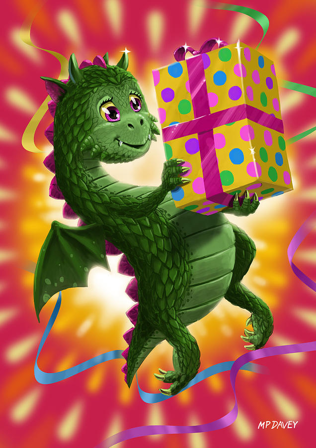 Dragon Digital Art - Baby Birthday Dragon with present by Martin Davey