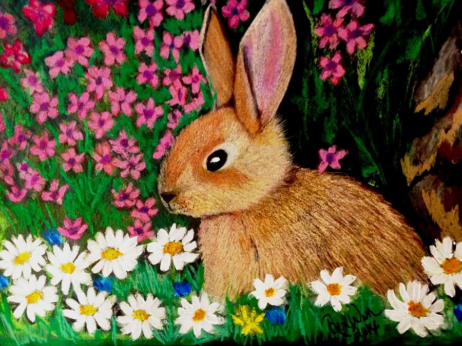 Flower Painting - Baby Bunny in the Garden at Night by Renee Michelle Wenker