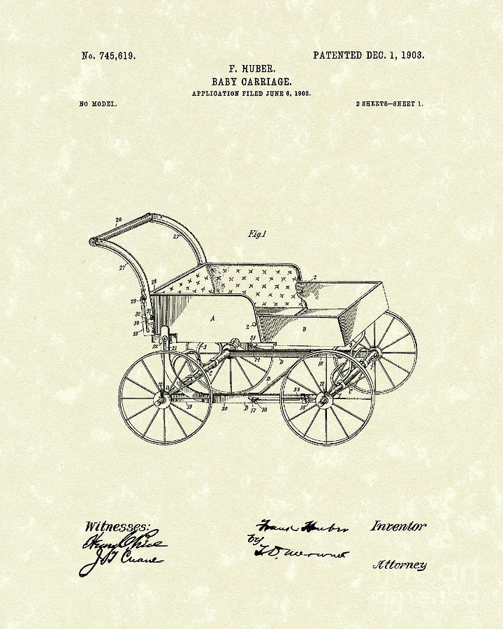 Baby Carriage 1903 Patent Art Drawing by Prior Art Design