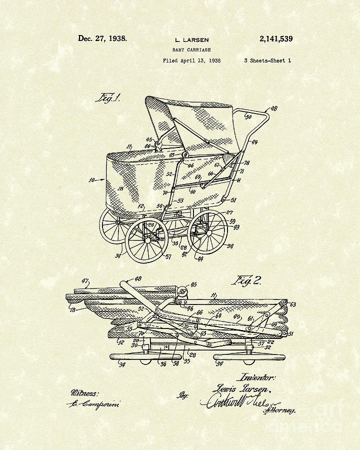 Baby Carriage 1938 Patent Art Drawing by Prior Art Design