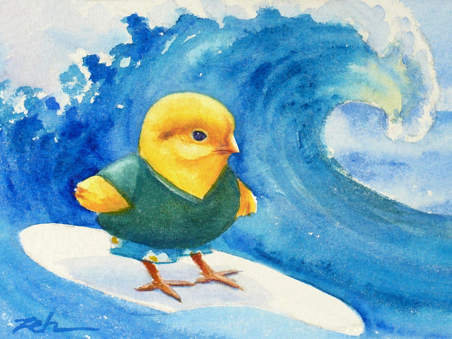 Baby Chick Surfing Painting by Janet Zeh