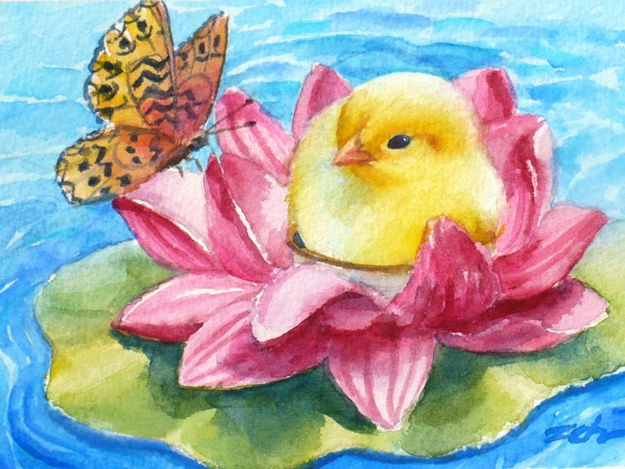 Baby Chick Water Lily Float Painting by Janet Zeh