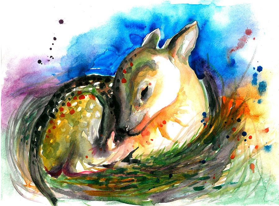Baby Deer Sleeping - After my original watercolor on heavy paper Painting by Tiberiu Soos