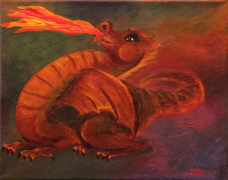 Baby Dragon practices fire-breathing Painting by Janet Greer Sammons