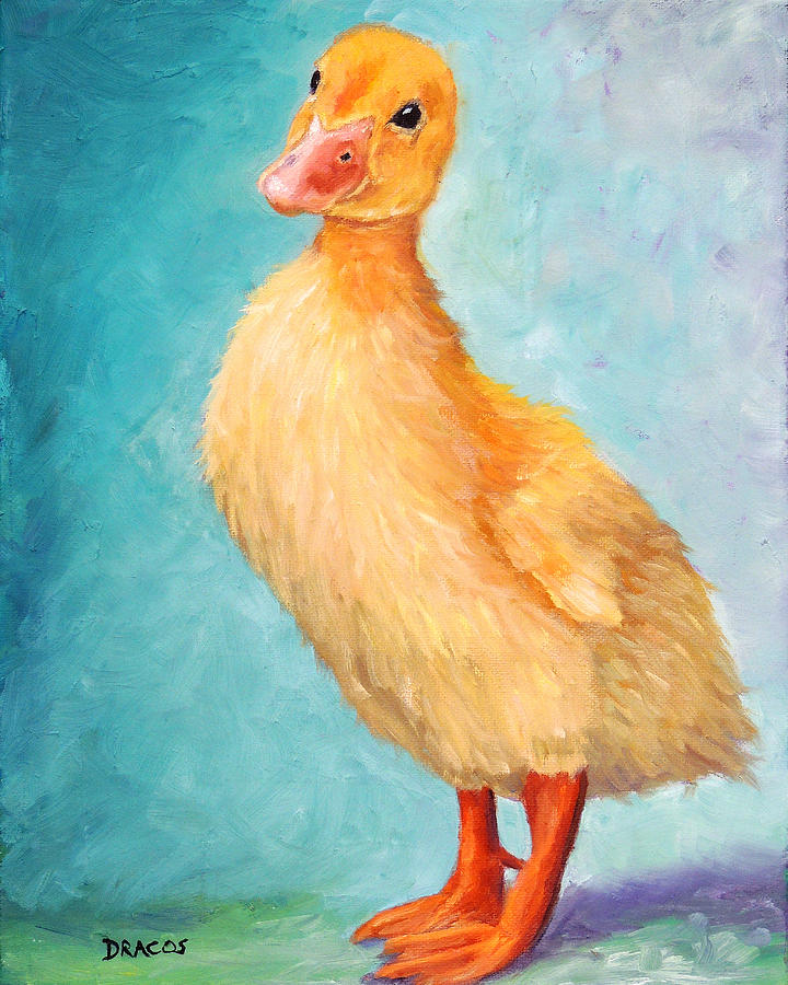 Duck Painting - Baby Duck on Blue and Green by Dottie Dracos