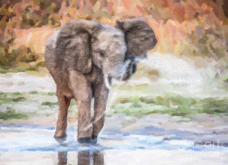 Baby Elephant spraying water Digital Art by Liz Leyden