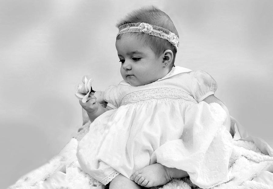 Baby Girl Holding Flower Black and White Photograph by Sally ...