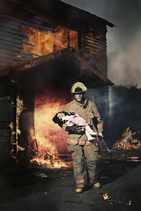 Baby Girl Rescued from Burning House by Fireman Photograph by Quavondo