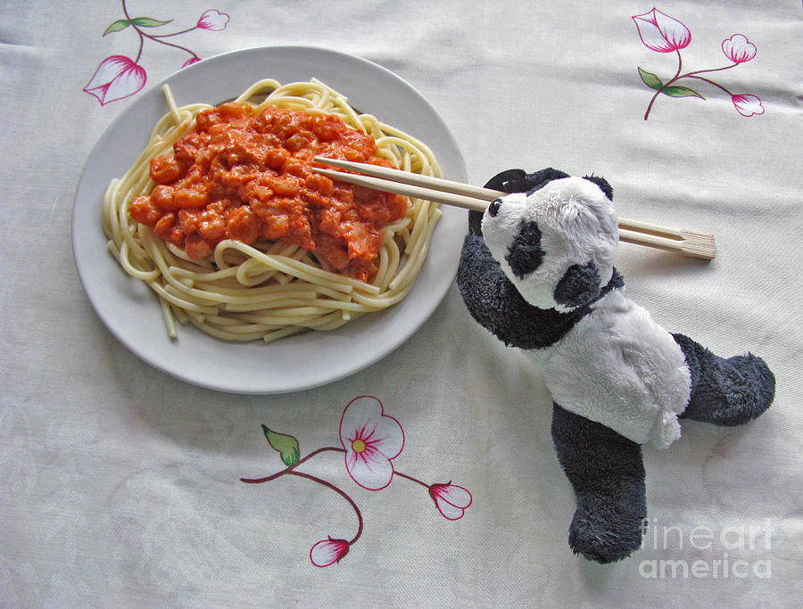 Still Life Photograph - Baby Panda Tasting Spaghetti  by Ausra Huntington nee Paulauskaite