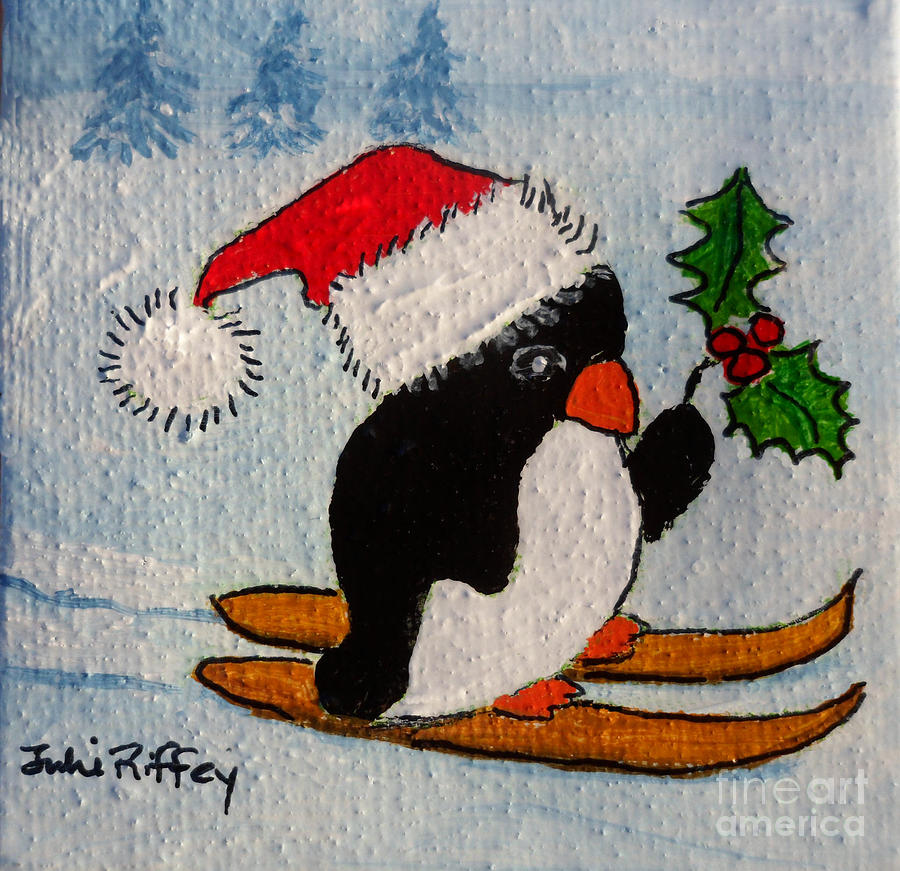 Penguin Painting - Baby Santa Penguin by Julie Brugh Riffey