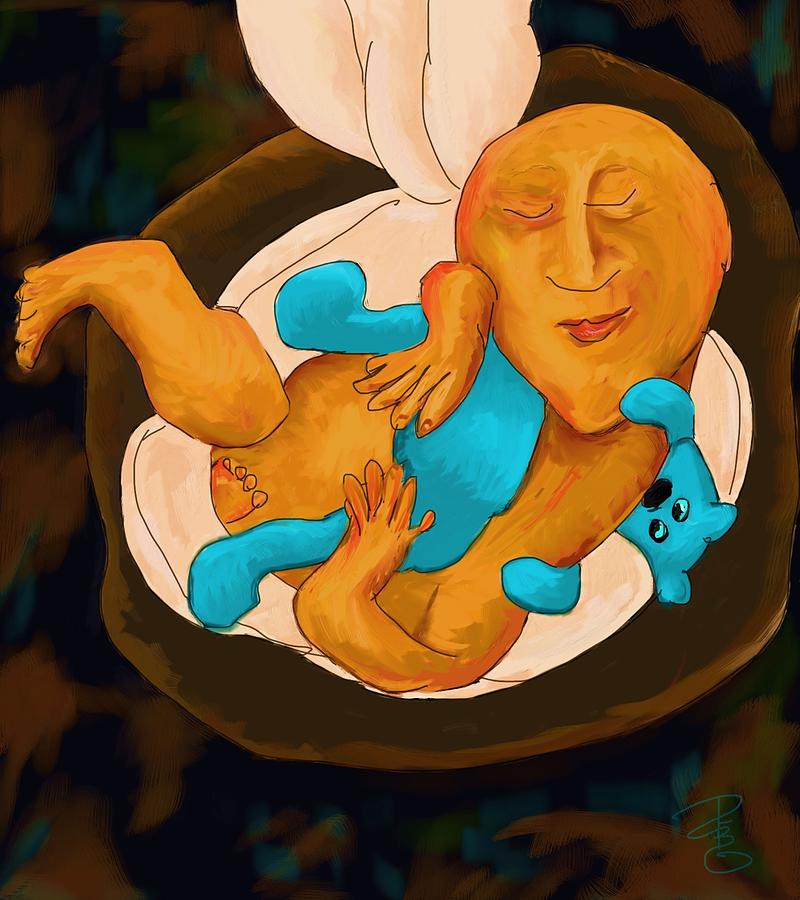 Baby with blue bear Digital Art by Debra Baldwin