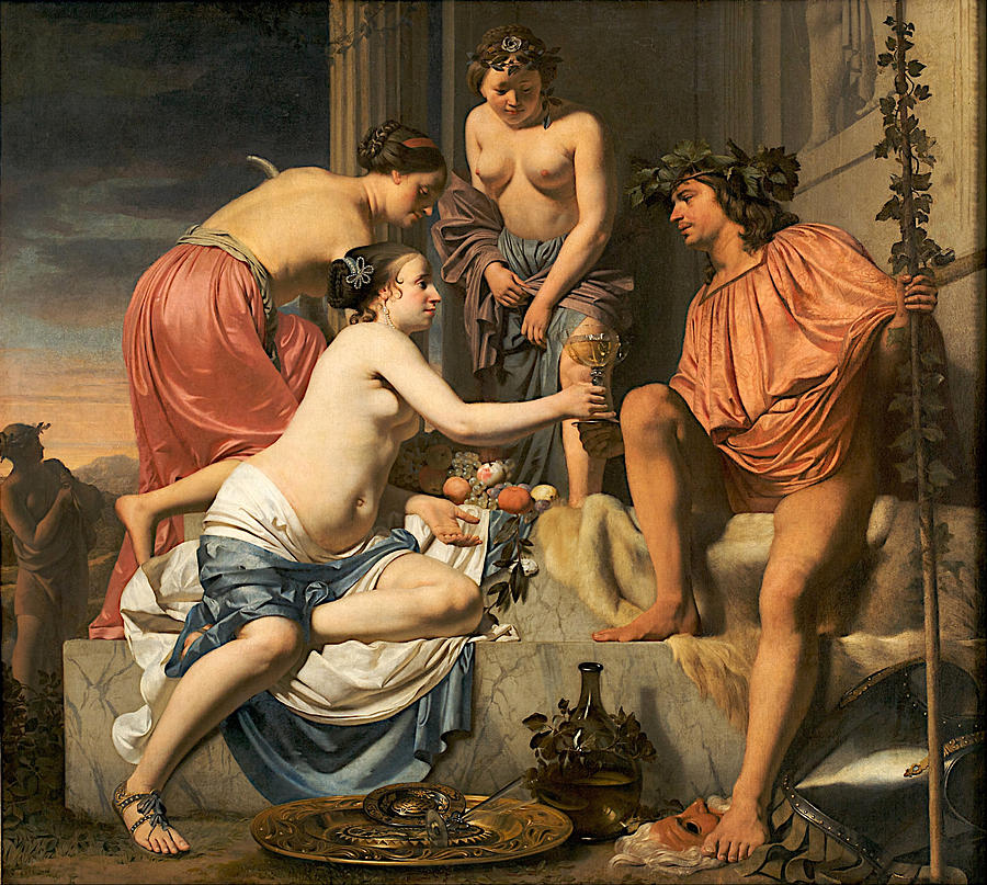 Bacchus on a Throne. Nymphs Offering Bacchus Wine and Fruit Painting by Caesar van Everdingen