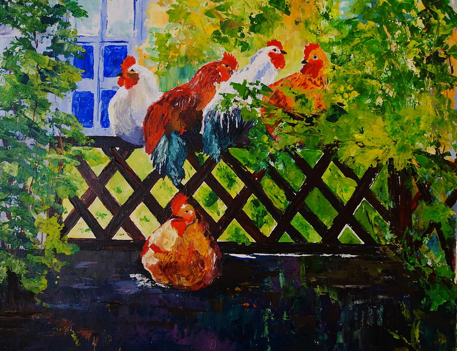 Back Fence Hen Party Painting by Valerie Curtiss
