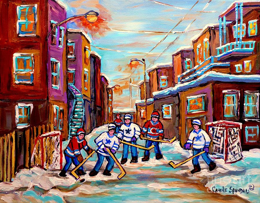 Back Lane Hockey Practice Pointe St.charles Montreal City Winter Scene Painting Carole Spandau Painting by Carole Spandau