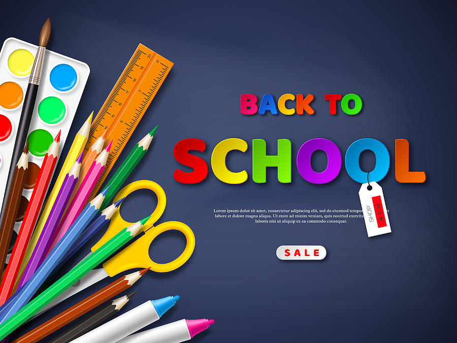 Back to school sale poster with realistic school supplies. Paper cut style letters on blackboard background. Vector illustration. Drawing by Ludmila_m
