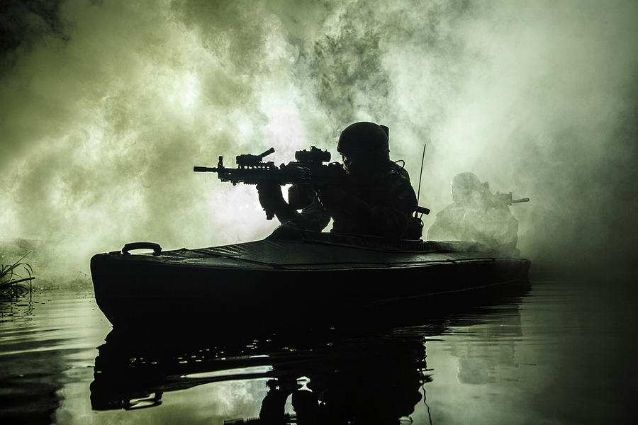 Boat Photograph - Backlit Silhouette Of Special Forces by Oleg Zabielin