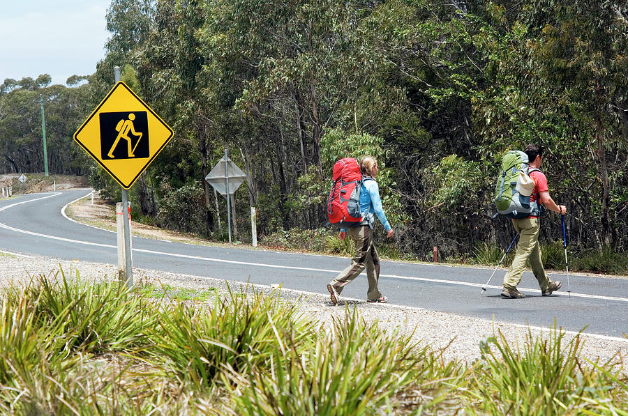 Sign Photograph - Backpackers Cross Road In Front Of Sign by Lars Schneider
