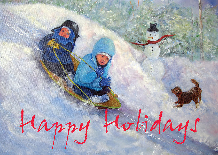 Backyard Winter Olympics Holiday Card Painting by Loretta Luglio