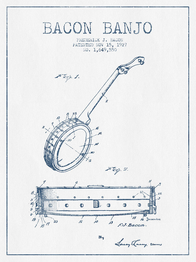 Music Digital Art - Bacon Banjo Patent Drawing From 1929  - Blue Ink by Aged Pixel