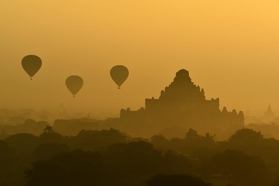 Sunset Photograph - Bagan Temple with Balloon by Keeratikarn Wantanorm