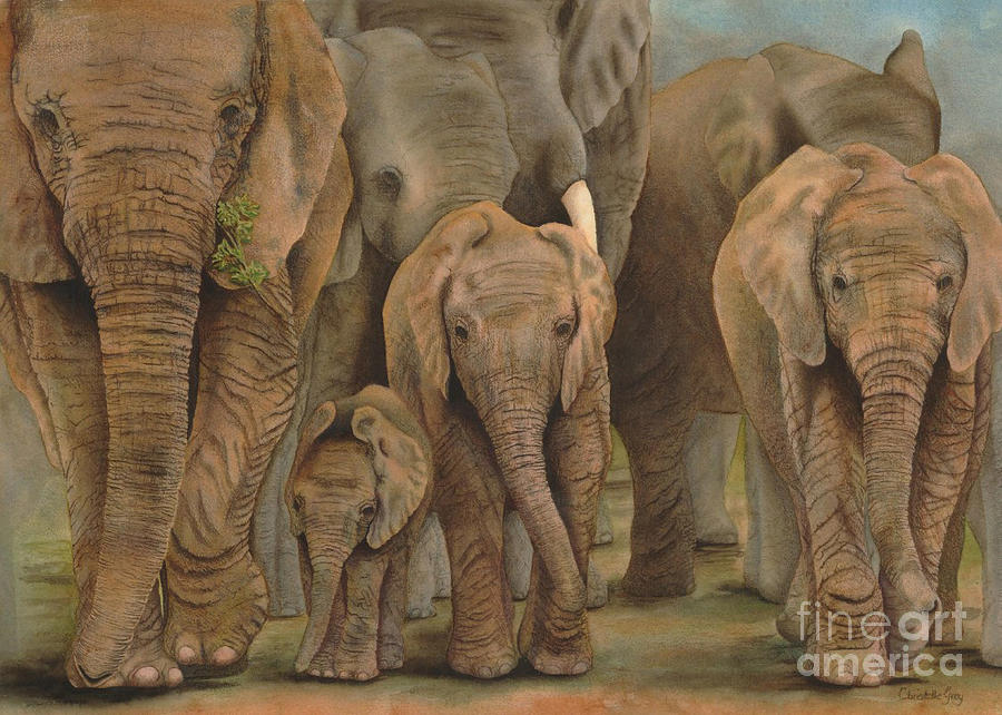 Elephant Family Painting - Daily Stroll by Christelle Grey