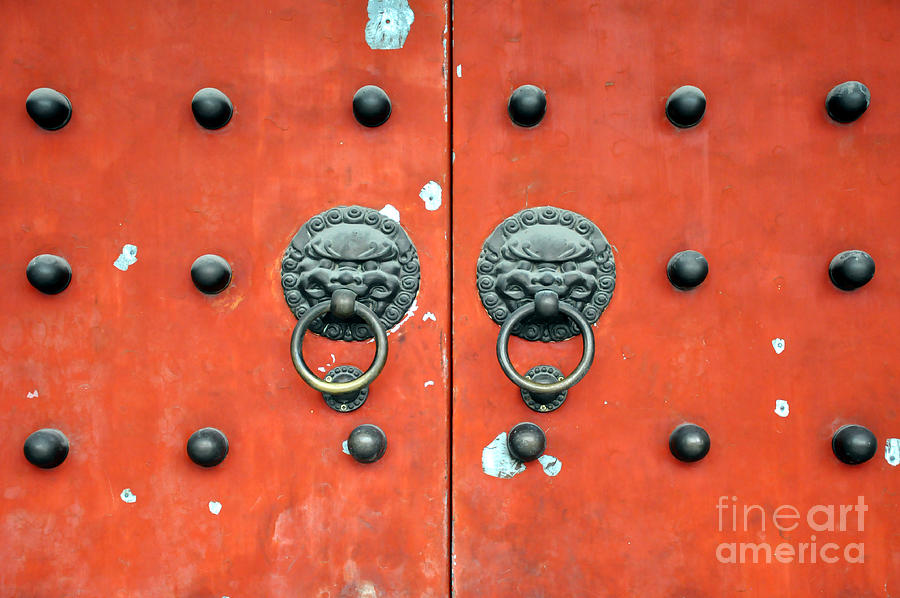 Architecture Photograph - Baiyun temple doors in Shanghai, China by Delphimages Photo Creations