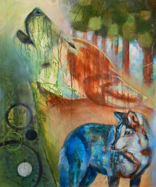Bakari II- Hopeful - abstract wolves Painting by Susan Goh