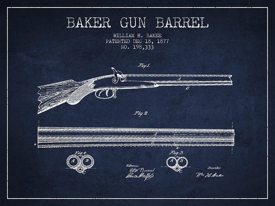 Vintage Digital Art - Baker Gun Barrel Patent Drawing from 1877- Navy Blue by Aged Pixel