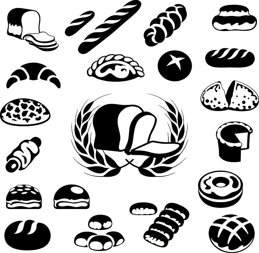 Bakery Icons, Bread and Pastries Drawing by Vreemous