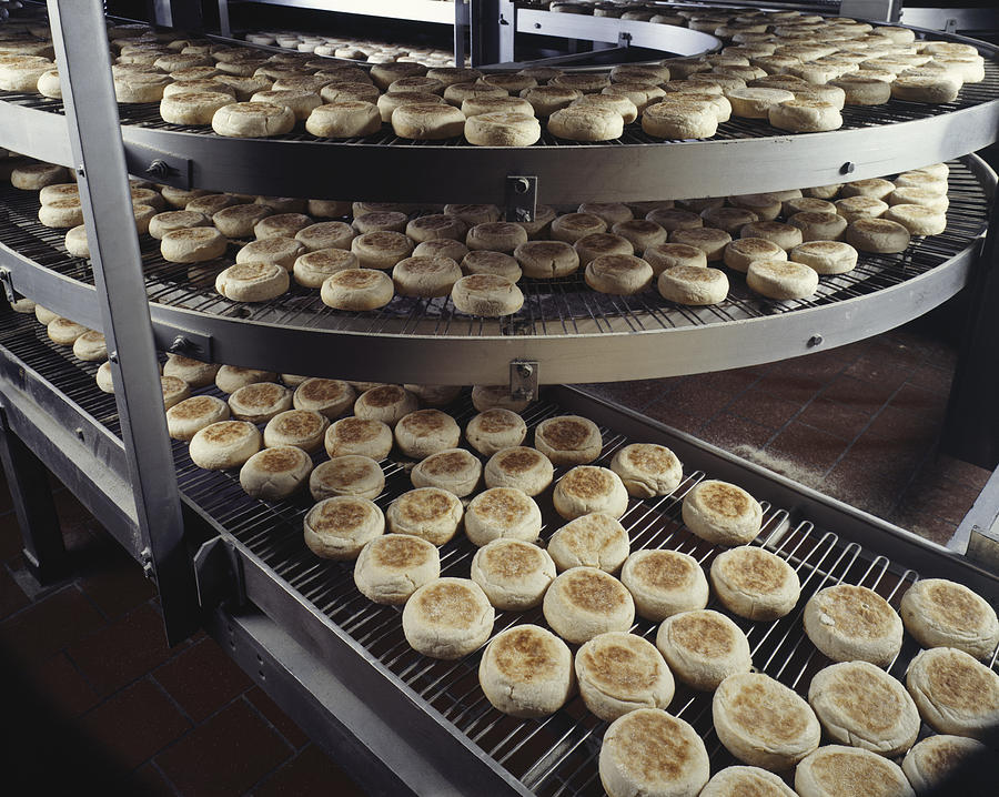 Bakery producing English muffins, elevated view Photograph by Kim Steele