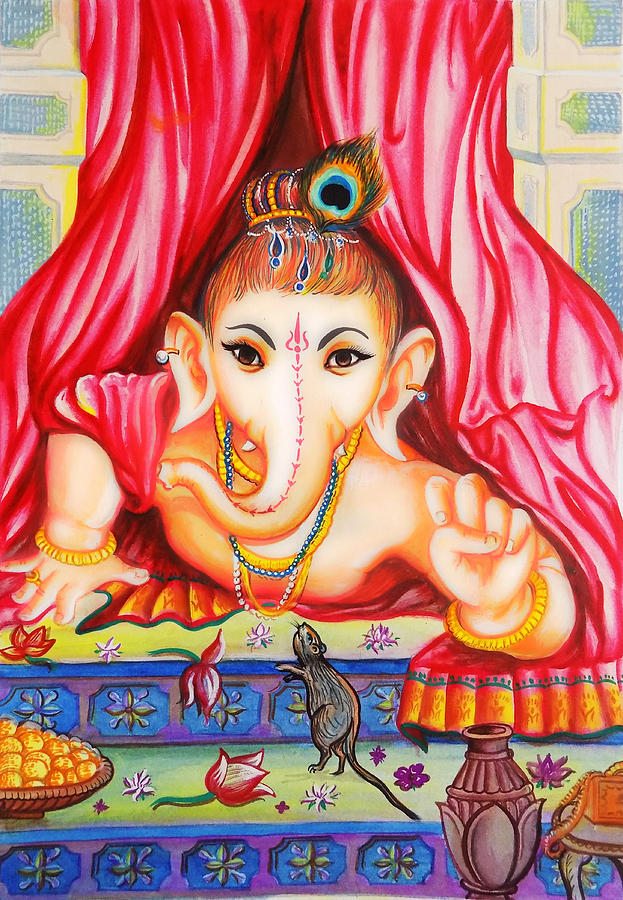 Ganesha Acrylic on Canvas Green Yellow Pink Blue Orange Red Colours  by Contemporary Artist In Stock  Gallery Kolkata  Original Fine Art by  Top Indian Artists