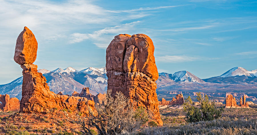 Sunset Photograph - Balanced Rock and La Sal Mountains - Arches National Park Photograph by Duane Miller