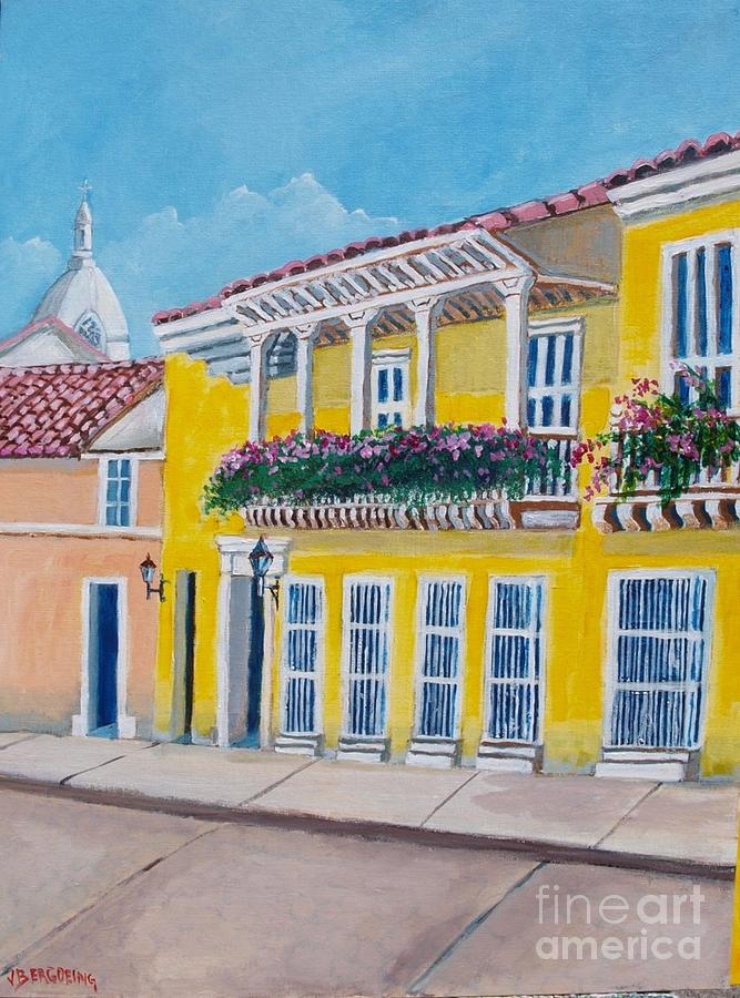 Balcony Cartagena street Painting by Jean Pierre Bergoeing