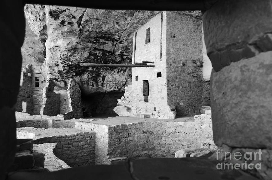 National Parks Photograph - Balcony House Window View at Mesa Verde National Park Anasazi Ruins Black and White by Shawn OBrien