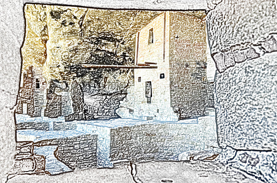 National Parks Digital Art - Balcony House Window View at Mesa Verde National Park Anasazi Ruins Colored Pencil by Shawn OBrien