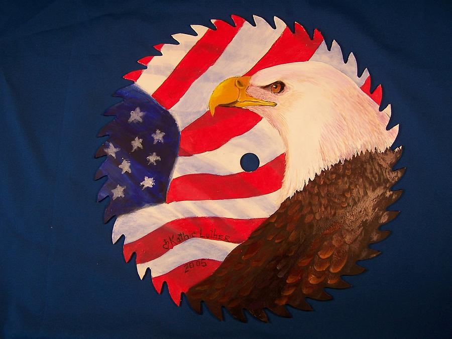 Bald Eagle and American Flag Painting by Kathleen Luther