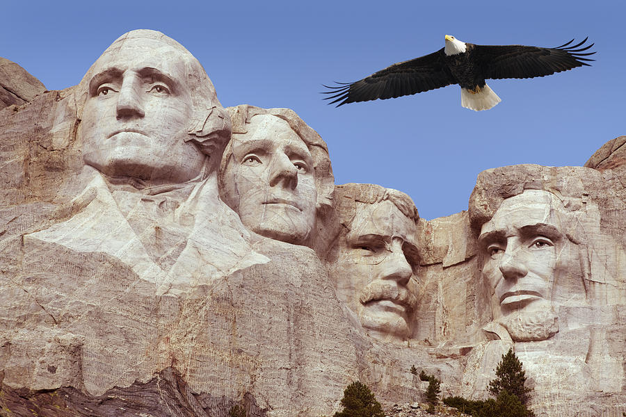 Bald Eagle Flying Free Above American Monument Mount Rushmore Presidents Photograph by JamesBrey