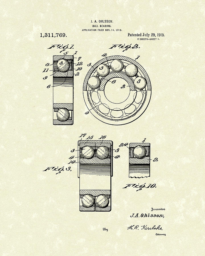 Ball Bearing 1919 Patent Art Drawing by Prior Art Design