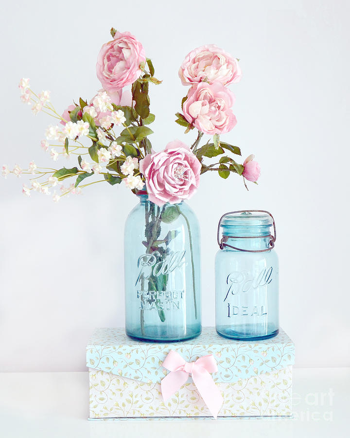 Shabby Chic Pink Roses Ball Jars Aqua Floral Pink Roses In Vintage Blue Ball Mason Jars  Photograph by Kathy Fornal