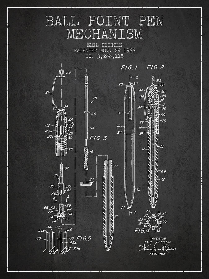 Vintage Digital Art - Ball Point Pen mechansim patent from 1966 - Charcoal by Aged Pixel