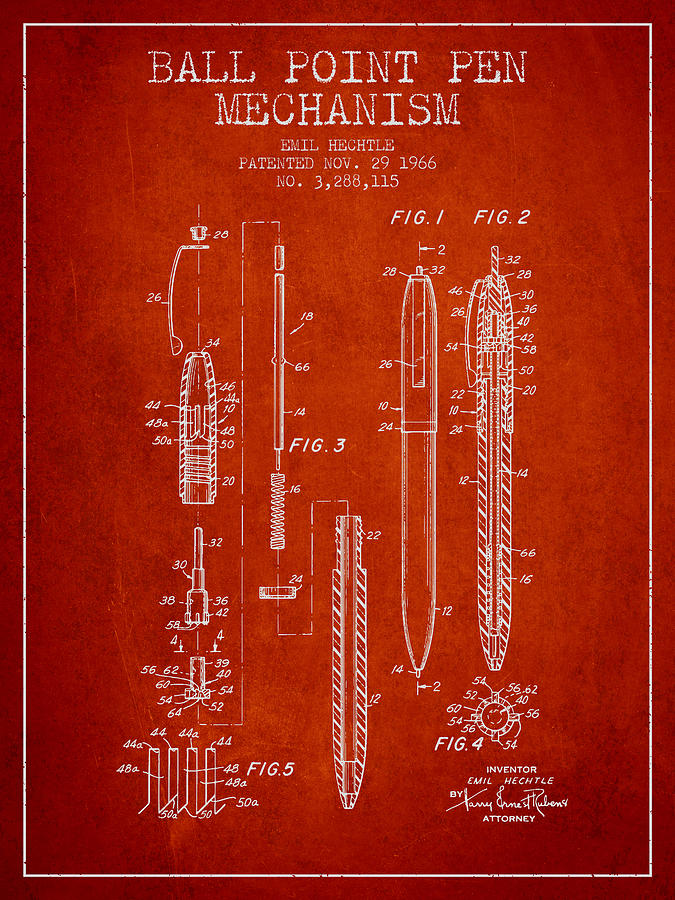 Vintage Digital Art - Ball Point Pen mechansim patent from 1966 - Red by Aged Pixel