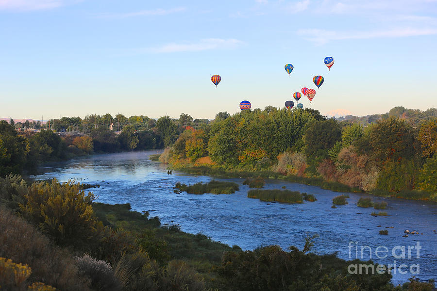 Balloons Cruising over Prosser with River and Mount Adams Photograph by Carol Groenen
