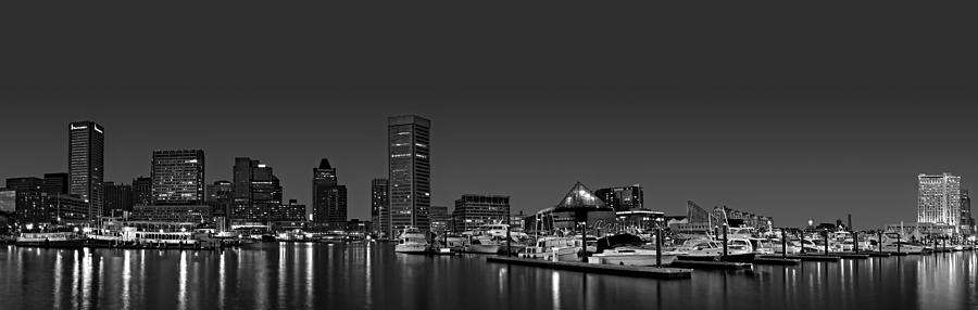 Baltimore Photograph - Baltimore Harbor Skyline Twilight Panorama BW by Susan Candelario