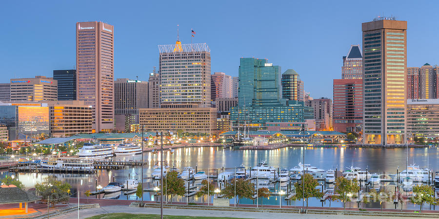 Baltimore Photograph - Baltimore Inner Harbor Skyline at Dawn Panoramic I by Clarence Holmes